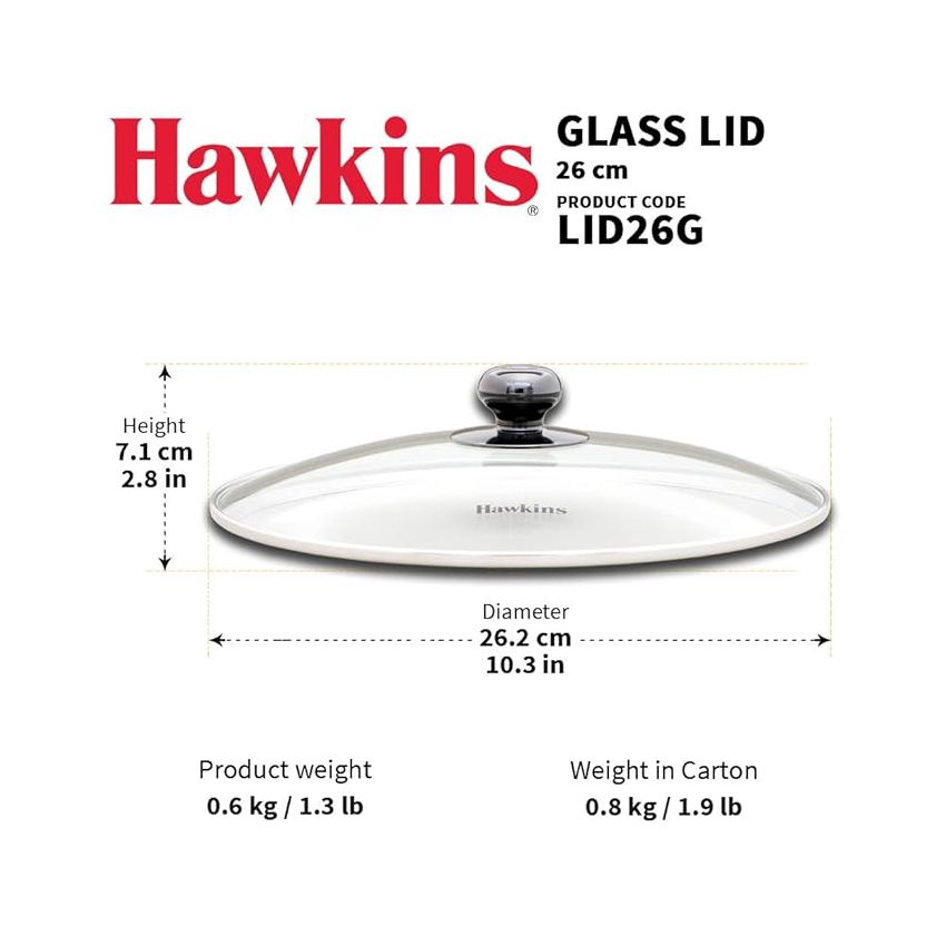 Hawkins 26 cm Glass Lid, Toughened Glass Lid with Stainless Steel Rim, Pan Lid, Transparent (LID26G)