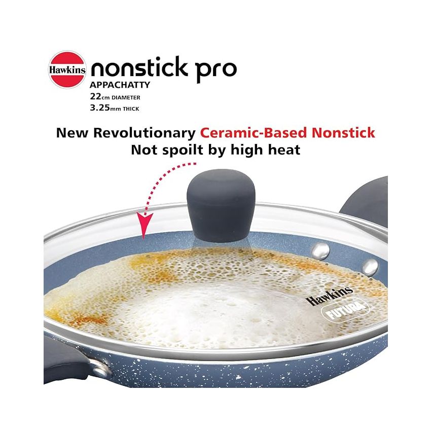Hawkins Nonstick Pro 0.9 Litre Appachatty, Mini Kadhai, Appachatti, Appachetty, Appam Pot Maker, Deep Fry Pan with Glass Lid, Granite Kadai