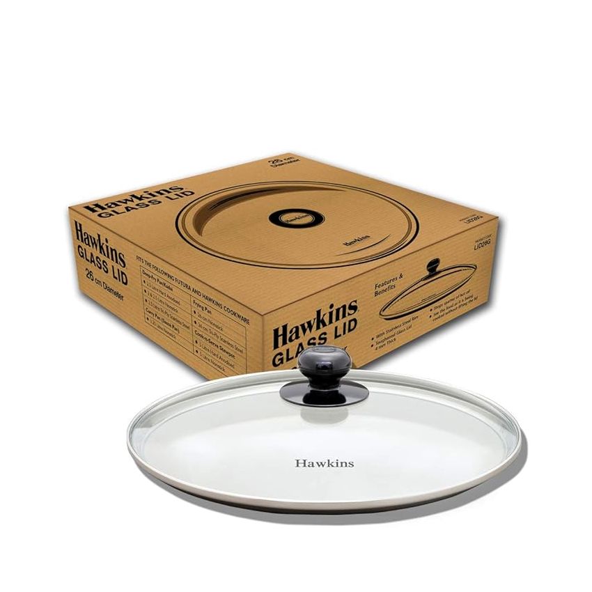 Hawkins 26 cm Glass Lid, Toughened Glass Lid with Stainless Steel Rim, Pan Lid, Transparent (LID26G)