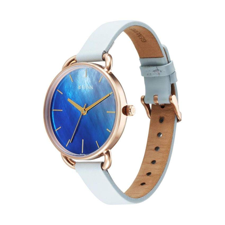 Titan Purple Secluded Quartz Analog Blue Dial with Light Blue Colour Leather Strap Watch for Women