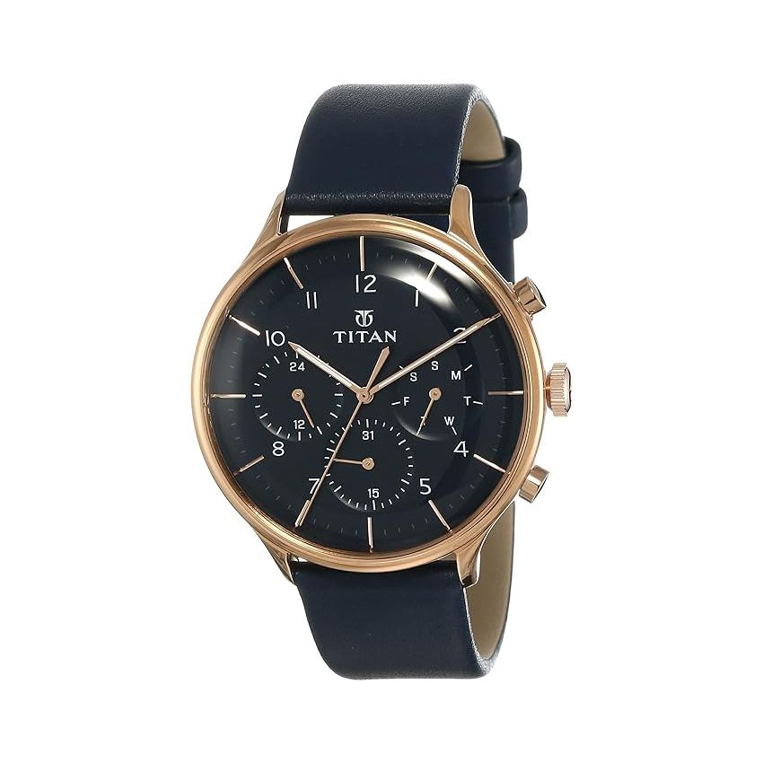 Titan Quartz Multifunction Blue Dial Leather Strap Watch for Men-NS90102WL02/NT90102WL02