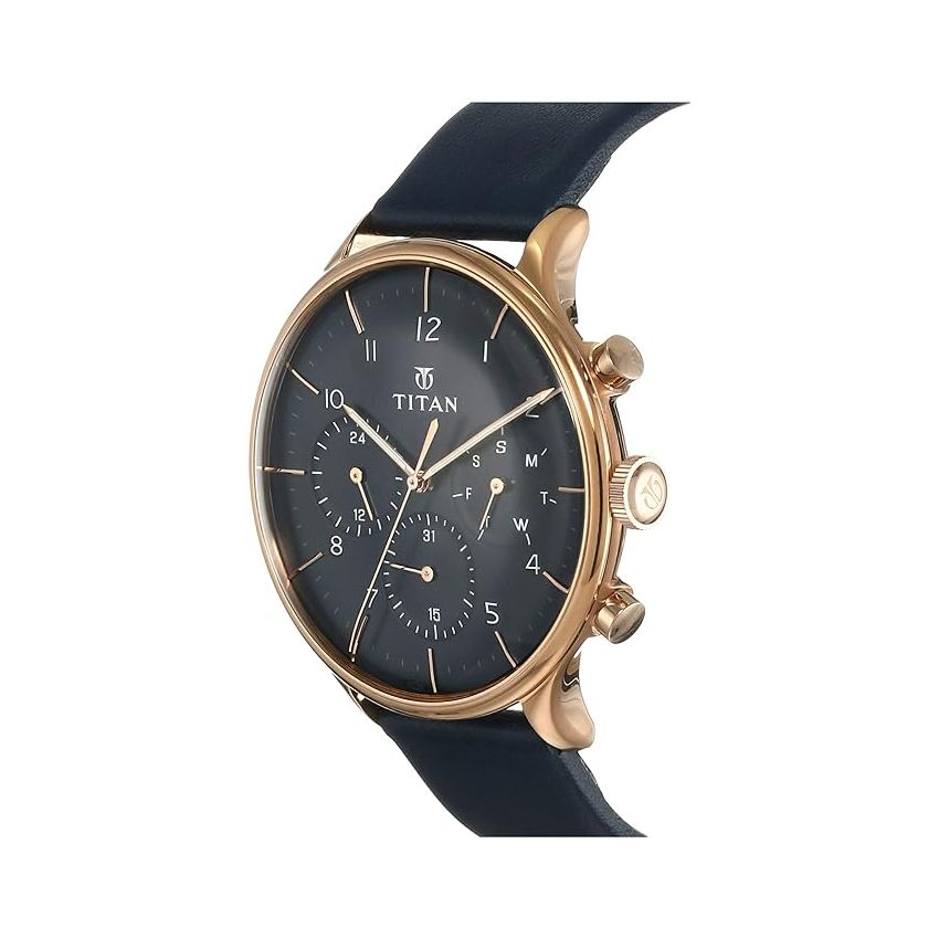 Titan Quartz Multifunction Blue Dial Leather Strap Watch for Men-NS90102WL02/NT90102WL02