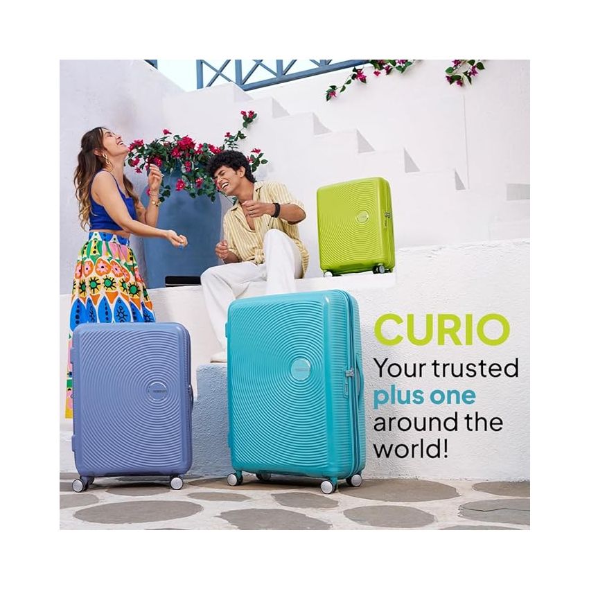 American Tourister Curio Spinner 55 Cms Polypropylene Expandable Hardsided Small Cabin Luggage|Speed_Wheel 8 Wheel Suitcase|Trolley Bag, Denim Blue, 57 Centimeters