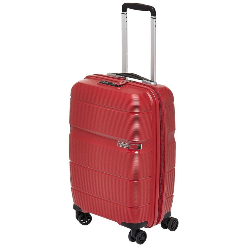 American Tourister 4 Wheel Inline Trolley Bag for Travel | Linex 55 Cms Polypropylene Hardshellsided Small Cabin Luggage Bag | Suitcase for Travel | 4 Wheel Inline Trolley Bag for Travelling, Red