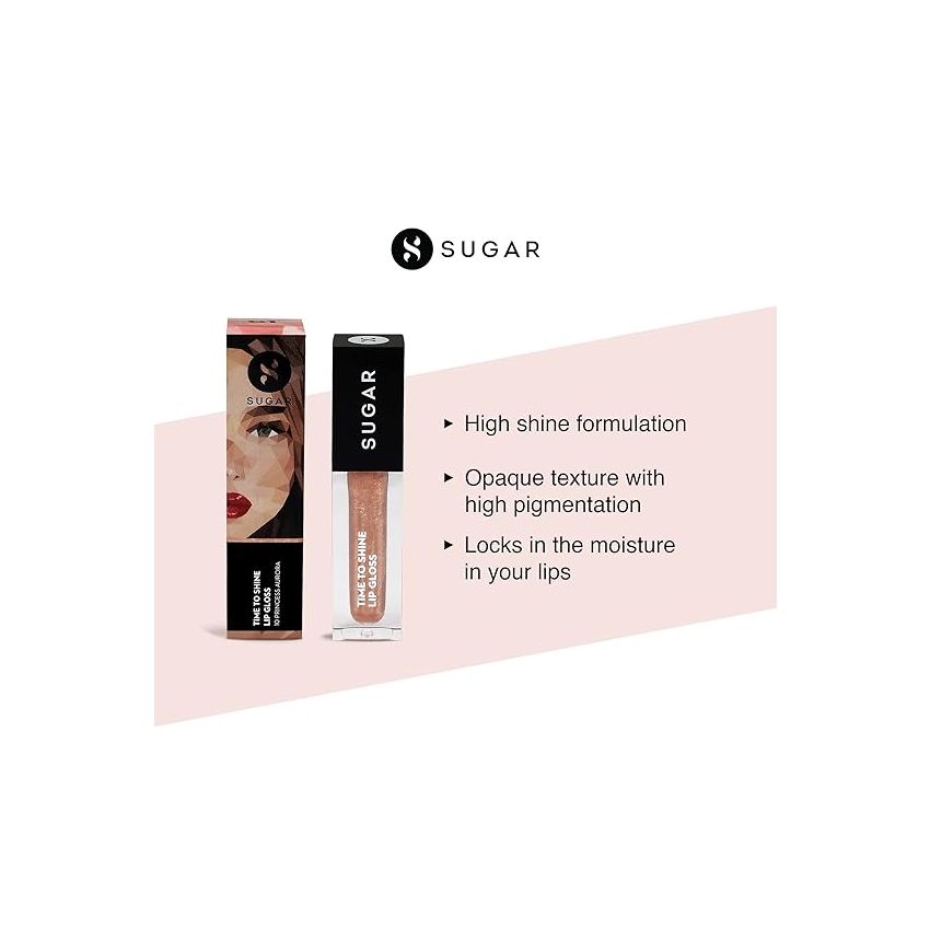 SUGAR Cosmetics - Time To Shine - Lip Gloss - 10 Princess Aurora (Golden beige with Shimmer) - 4.5 gms - High Shine Lip Gloss with Jojoba Oil
