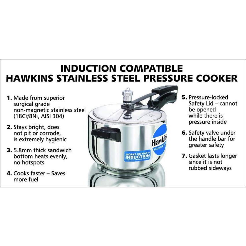 Hawkins Stainless Steel Induction Compatible Inner Lid Pressure Cooker, 4 Litre, Silver (Hss40), 4 Liter