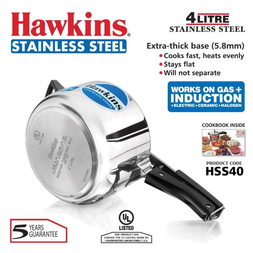 Hawkins Stainless Steel Induction Compatible Inner Lid Pressure Cooker, 4 Litre, Silver (Hss40), 4 Liter