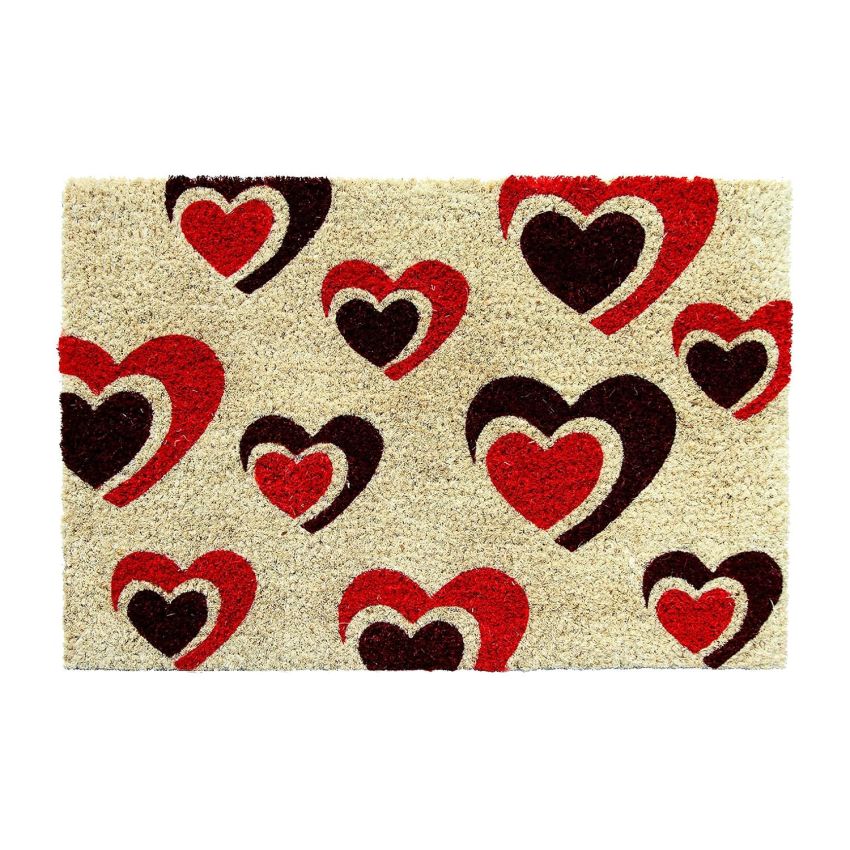 Onlymat Love Printed Coir Doormat with Non-Slip PVC Backing for Outdoor and Indoors - Durable, Large, Waterproof, and Thick - Heart Print, Multicolored Rug (60x40cm)