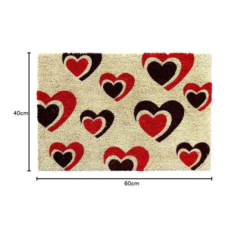 Onlymat Love Printed Coir Doormat with Non-Slip PVC Backing for Outdoor and Indoors - Durable, Large, Waterproof, and Thick - Heart Print, Multicolored Rug (60x40cm)