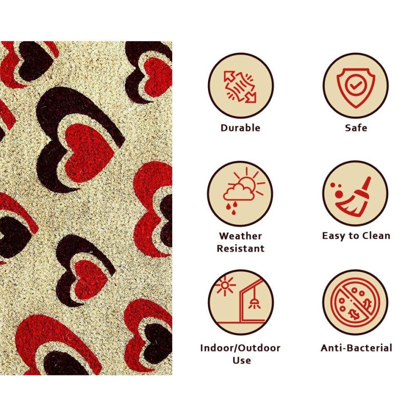 Onlymat Love Printed Coir Doormat with Non-Slip PVC Backing for Outdoor and Indoors - Durable, Large, Waterproof, and Thick - Heart Print, Multicolored Rug (60x40cm)