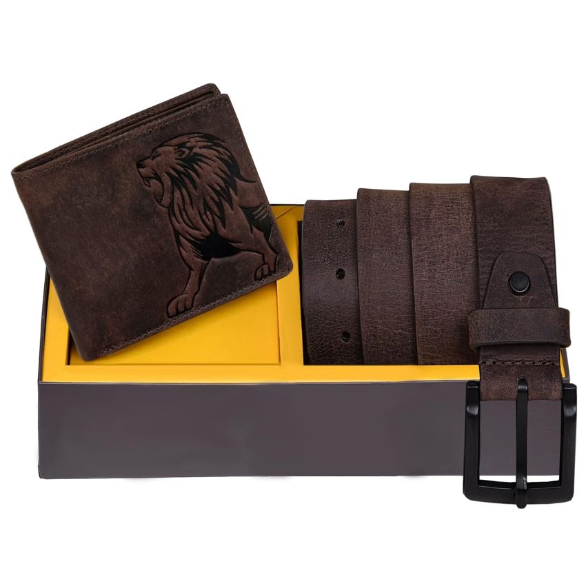 URBAN FOREST Luke Vintage Brown Leather Wallet & Brown Casual Leather Belt Combo Gift set for Men - Packed in Premium Wooden Box for Gifting