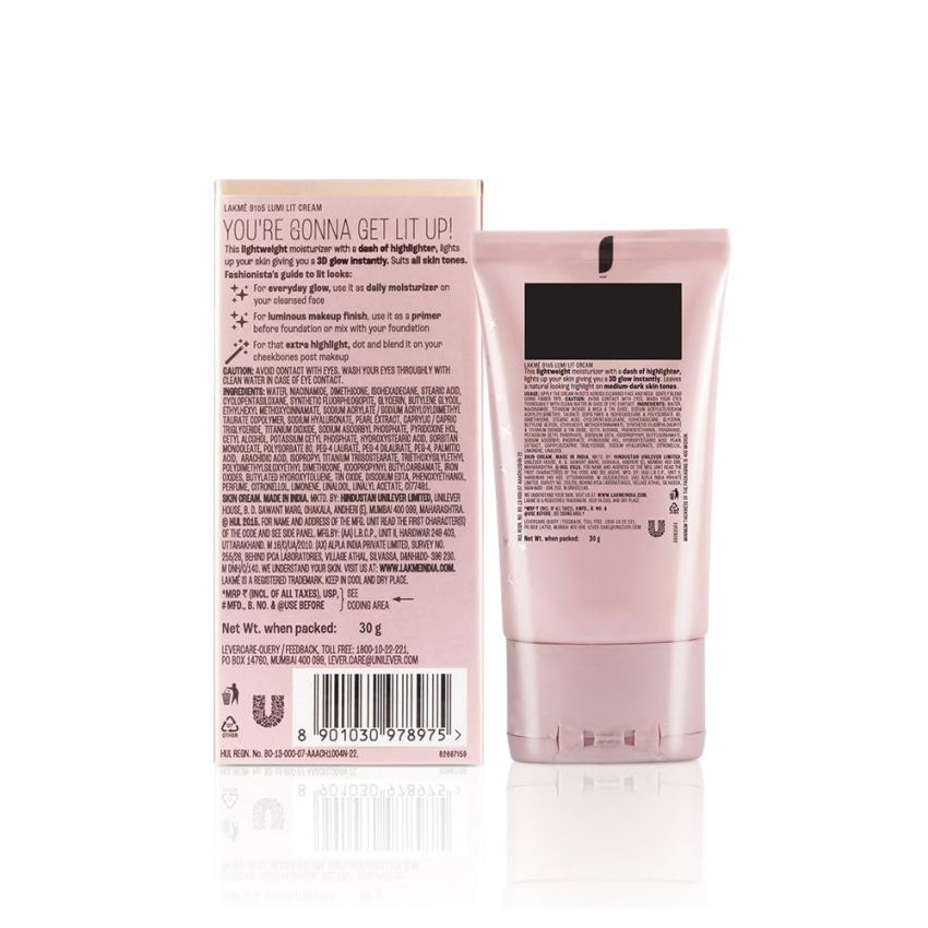 Lakme Lumi Cream - Face cream with Moisturizer + Highlighter, enriched with Niacinamide & Hyaluronic Acid - Dewy Rose, 30g