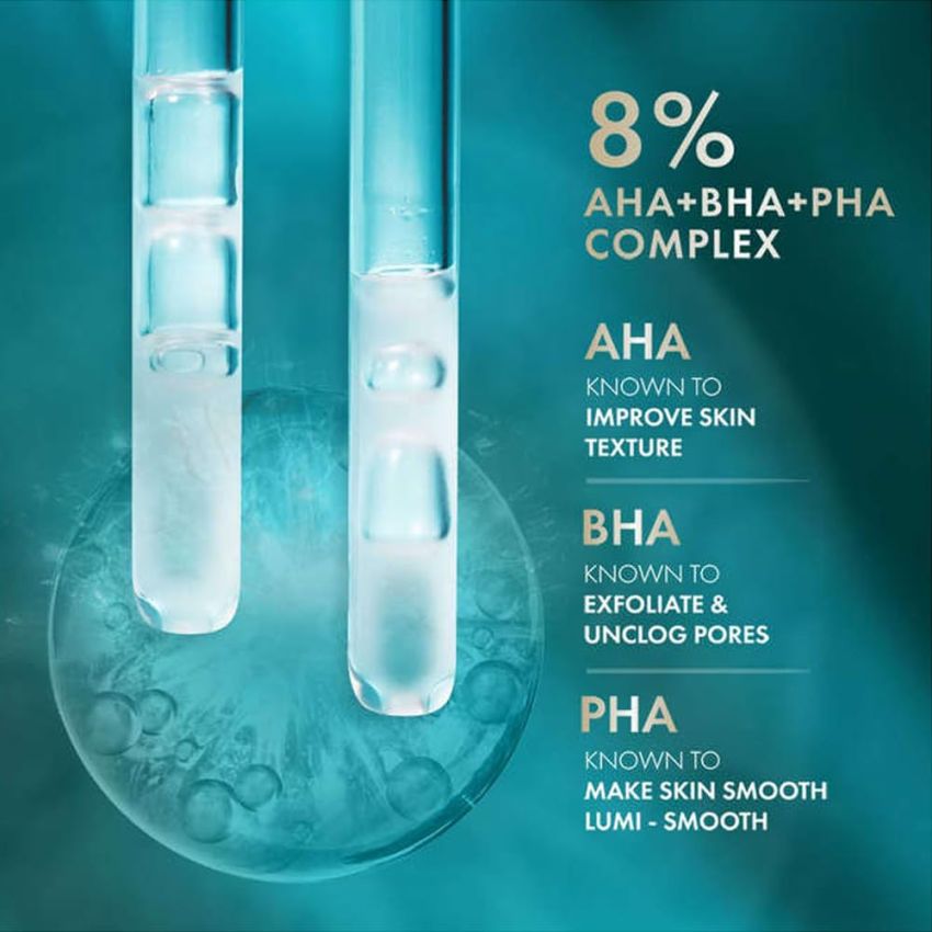 Lakme 8% AHA-BHA-PHA+ Complex Lumi Smooth Serum for Luminous Skin & Improved, Smooth Skin Texture, 30ml