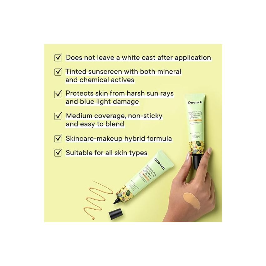 Quench Daily Defense Tinted Sunscreen SPF 50 PA+++ for Glowing Skin with Avocado & 2% Niacinamide | Blue Light Protection | Satin-Matte Finish | Made in Korea (Light Medium, 50ml)