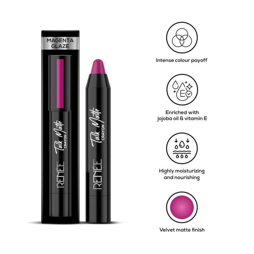 RENEE Talk Matte Crayon Lipstick - Magenta Glaze, 4.5g | Hydrating and Long-Lasting Matte Lip Color | Enriched with Vitamin E, Jojoba Oil & Cocoa Butter