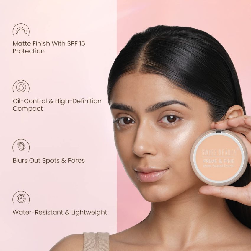 Swiss Beauty Prime & Fine Matte Pressed Powder, Face Makeup, Nude Beige, 8g