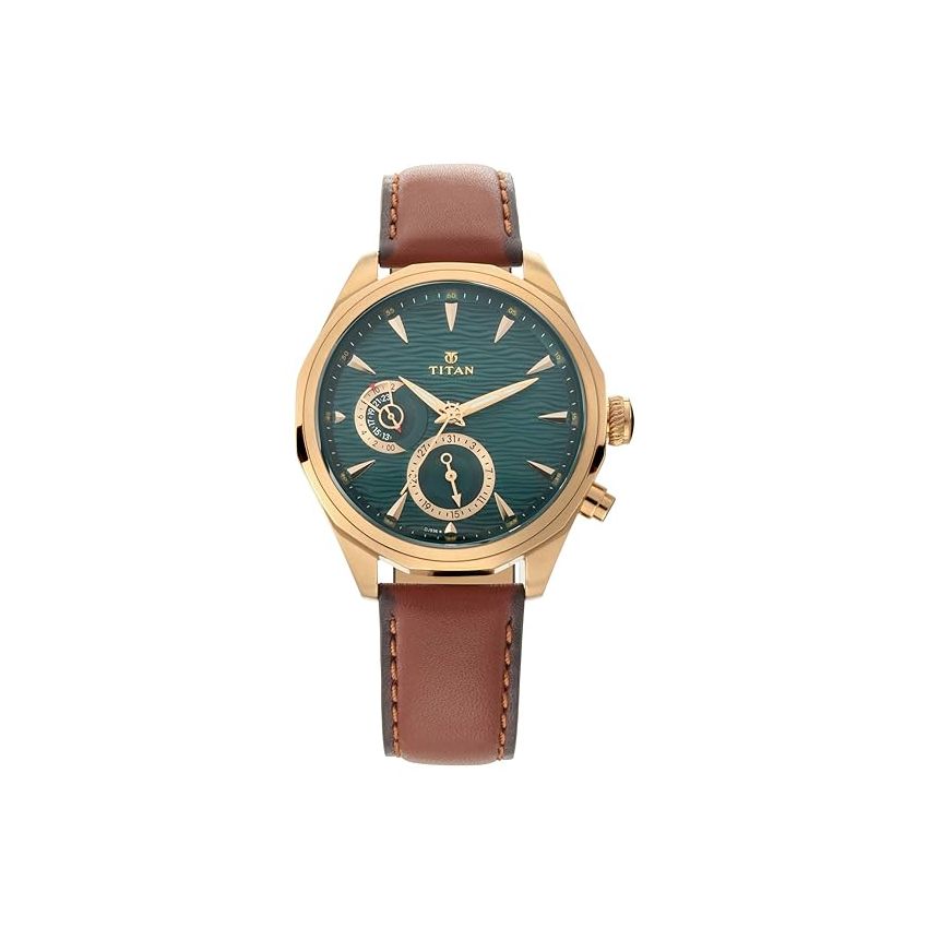 Titan Regalia Maritime Green Dial Quartz Multifunction Leather Strap watch for Men-NS1829QL01/NT1829QL01