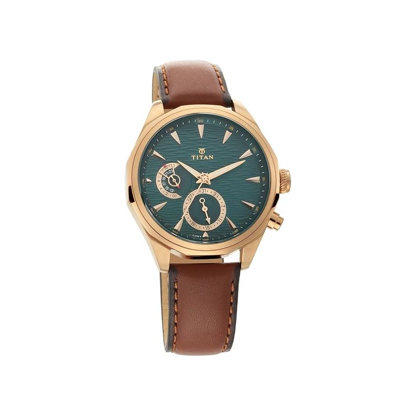Titan Regalia Maritime Green Dial Quartz Multifunction Leather Strap watch for Men-NS1829QL01/NT1829QL01