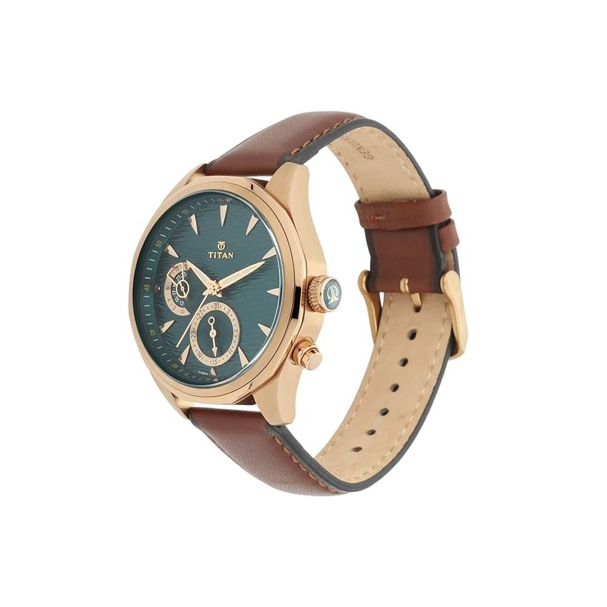 Titan Regalia Maritime Green Dial Quartz Multifunction Leather Strap watch for Men-NS1829QL01/NT1829QL01