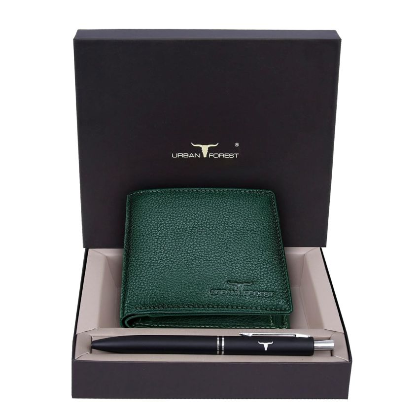 URBAN FOREST Mark Green Leather Wallet & Pen Combo Gift Set for Men