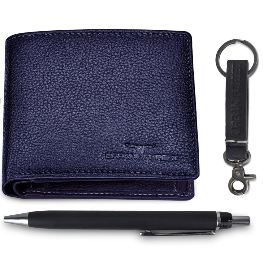 URBAN FOREST Marty Blue Leather Wallet + Pen + Keyring Combo Gift Set for Men