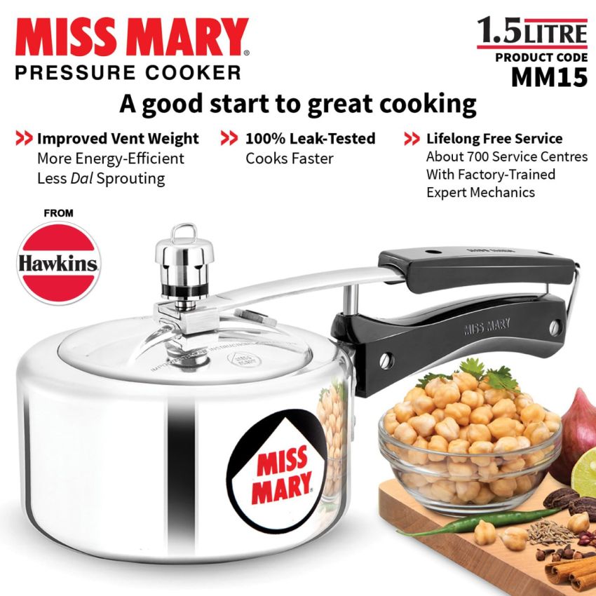 Hawkins 1.5 Litre Miss Mary Aluminium Pressure Cooker, Small Inner Lid Cooker, Silver (Mm15), 1.5 Liter