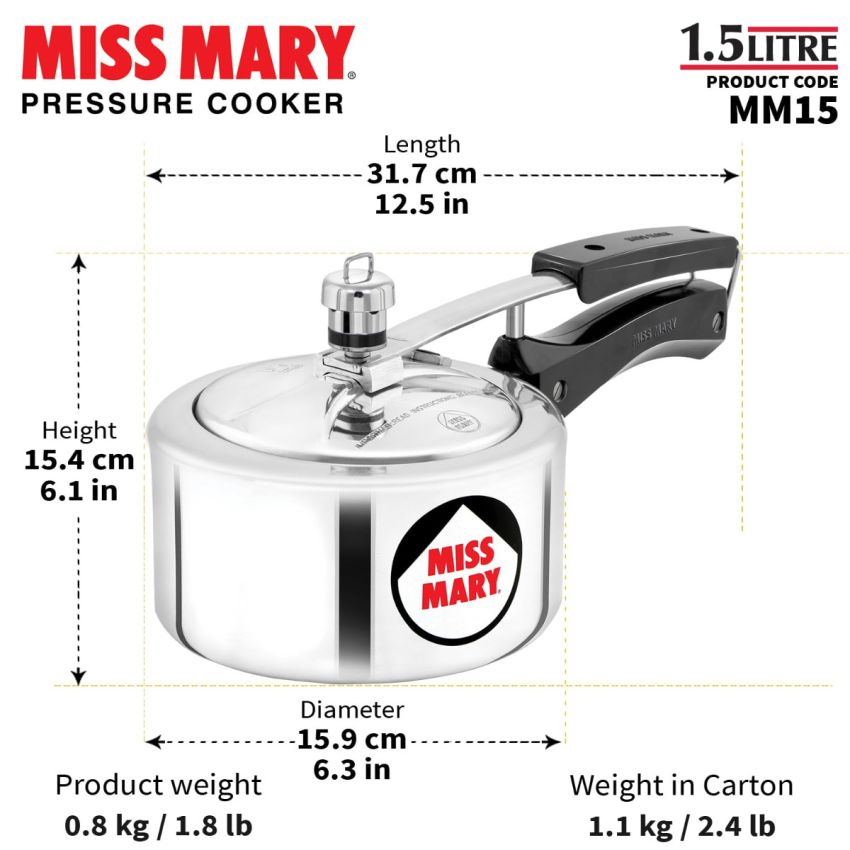 Hawkins 1.5 Litre Miss Mary Aluminium Pressure Cooker, Small Inner Lid Cooker, Silver (Mm15), 1.5 Liter