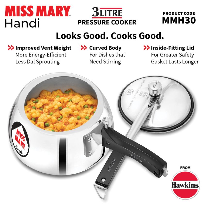 Hawkins Miss Mary Aluminium Inner Lid Handi Pressure Cooker, 3 Litre And 5 Litre, Combo Set, Silver, 3 Liter