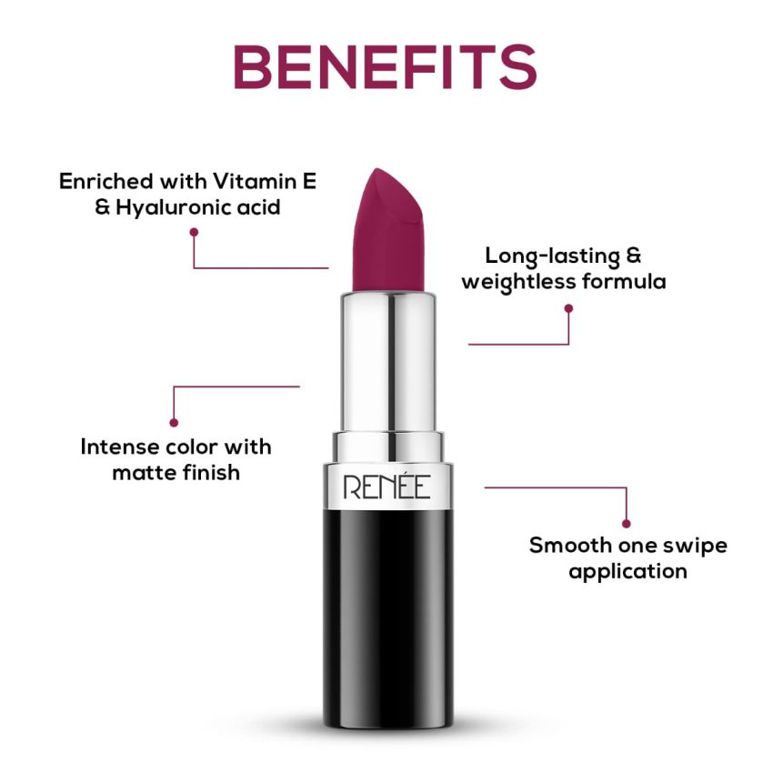 RENEE Stunner Matte Lipstick - High Power 4gm| Intense Color Pay Off, Full Coverage Long Lasting Weightless Velvety Formula with One Swipe Application| Enriched with Vitamin E & Hyaluronic Acid