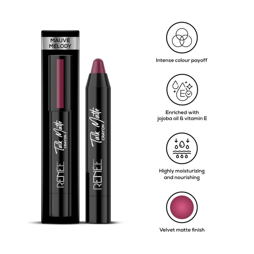 RENEE Talk Matte Crayon Lipstick - Mauve Melody, 4.5gm | Hydrating and Long-Lasting Matte Lip Color | Enriched with Vitamin E, Jojoba Oil & Cocoa Butter