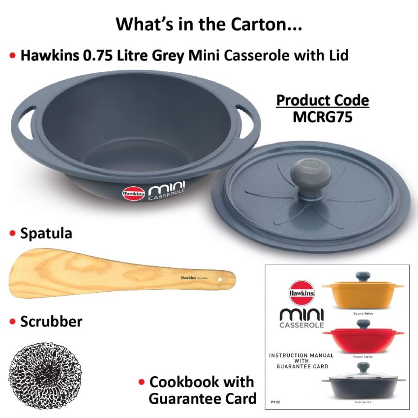 Hawkins Aluminium 0.75 liter Mini Casserole with Lid, Round Series Die-Cast Pan for Cooking, Reheating, Serving and Storing, Grey (Mcrg75)
