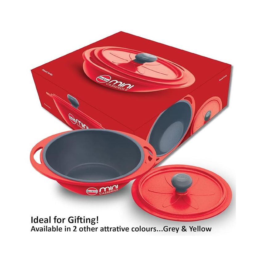 Hawkins Aluminium 0.75 liter Mini Casserole with Lid, Round Series Die-Cast Pan for Cooking, Reheating, Serving and Storing, Red (Mcrr75)