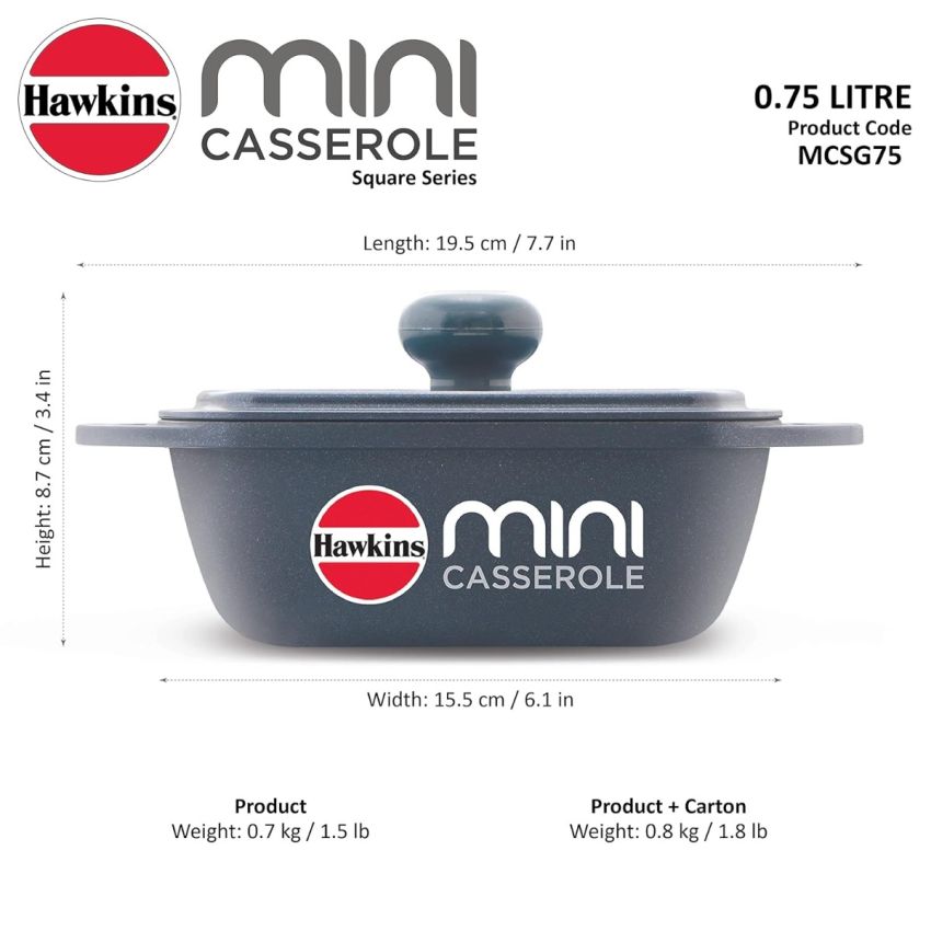 Hawkins Aluminium 0.75 liter Mini Casserole With Lid, Square Series Die-Cast Pan For Cooking, Reheating, Serving And Storing, Grey (Mcsg75)