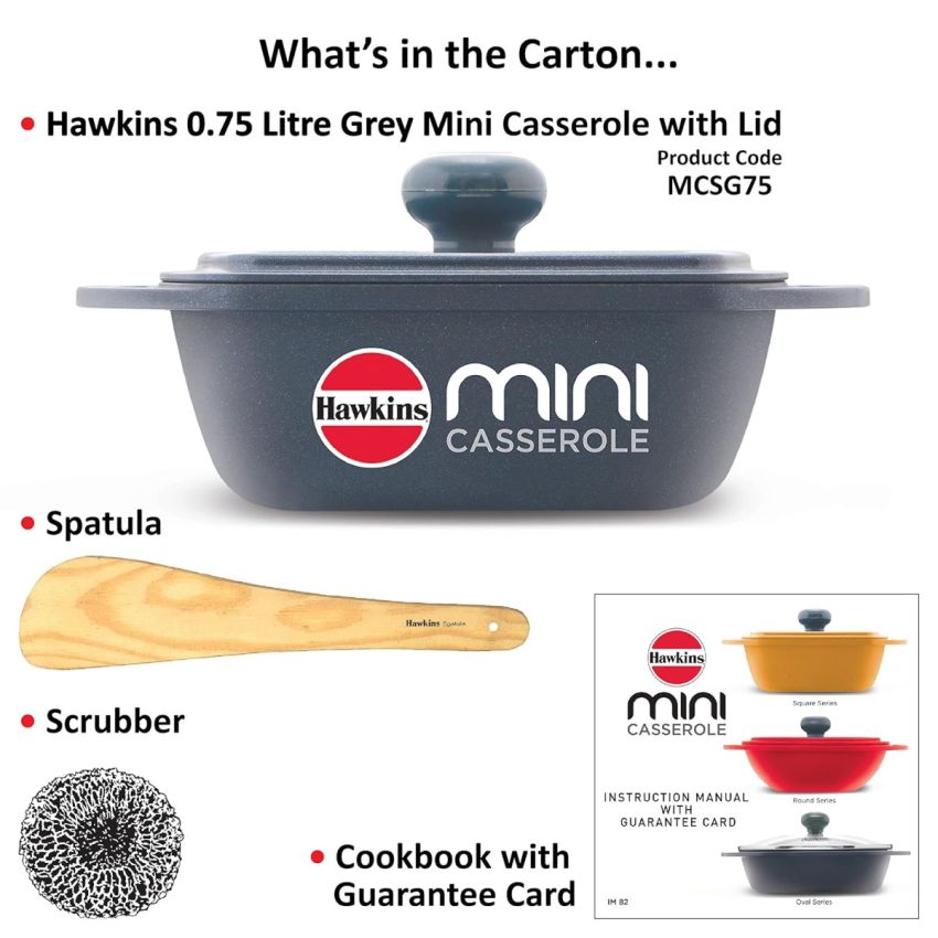 Hawkins Aluminium 0.75 liter Mini Casserole With Lid, Square Series Die-Cast Pan For Cooking, Reheating, Serving And Storing, Grey (Mcsg75)