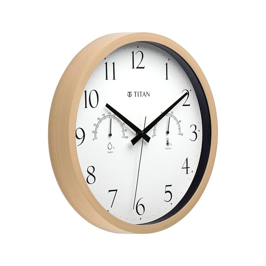 Titan Contemporary Wooden Finish White Wall Clock With Thermometer & Hygrometer - 30 Cm X 30 Cm (Medium) - Analog
