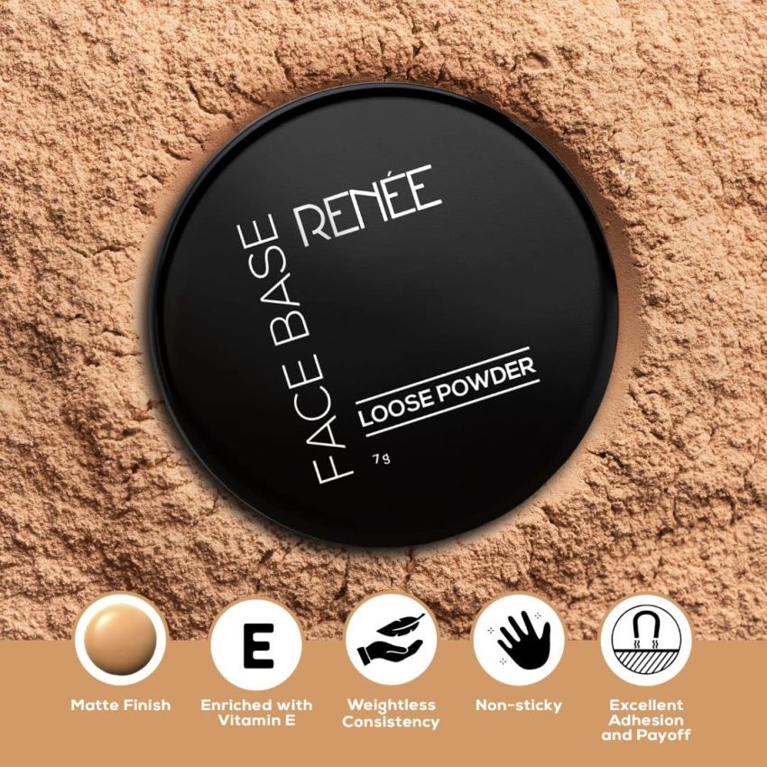 RENEE Face Base Loose Powder - Mellow Beige, 7gm | Non Sticky, Weightless Matte Finish, Excellent Payoff, Enriched with Vitamin E