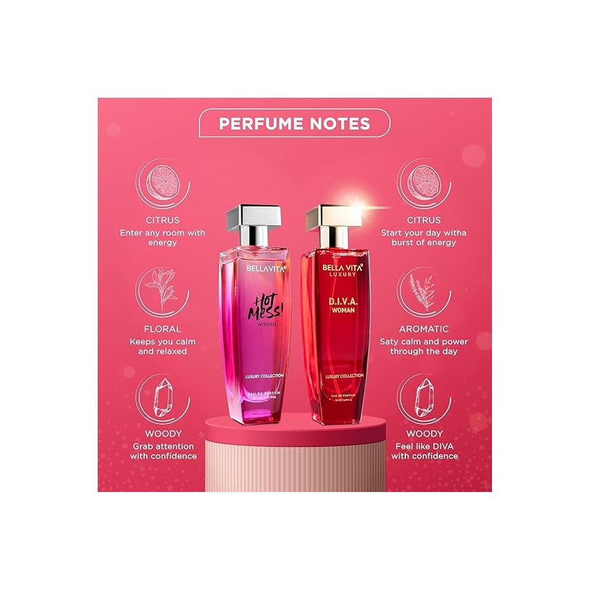 Bella Vita Luxury Hot & Classy Gift Set for Women 2 x 50Ml with Hot Mess, D.I.V.A. Perfume|Floral, Woody Long Lasting EDP Fragrance Scent