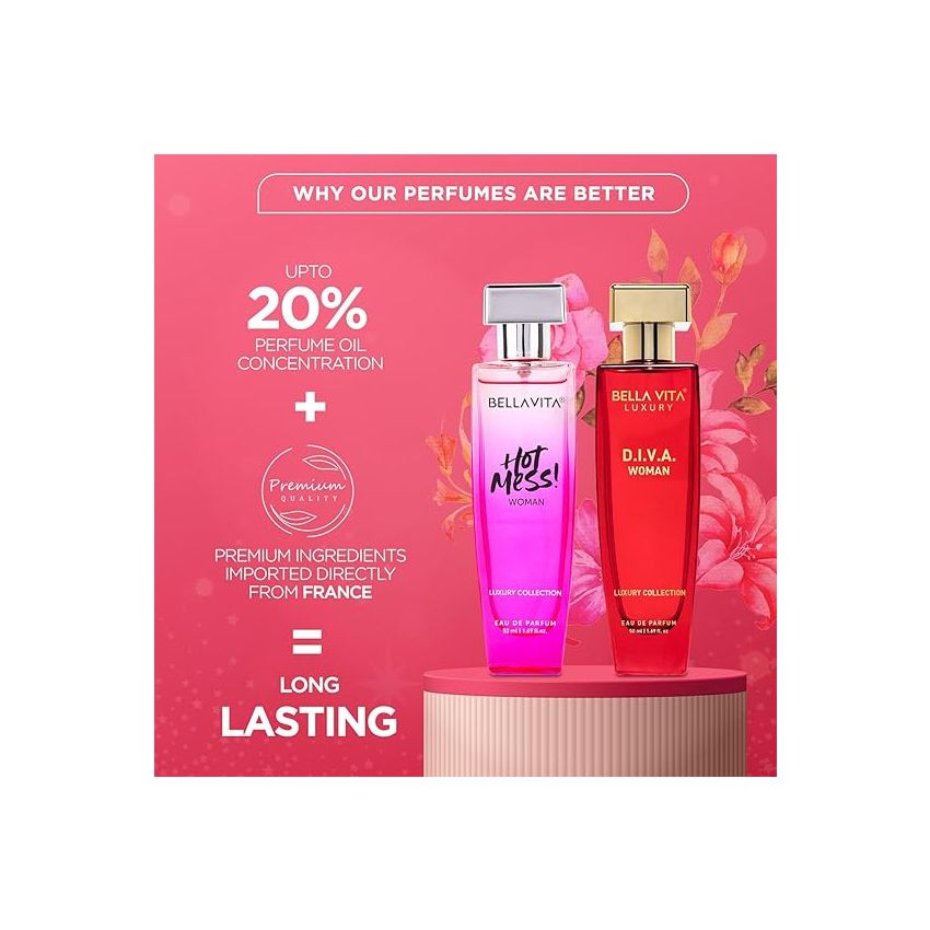Bella Vita Luxury Hot & Classy Gift Set for Women 2 x 50Ml with Hot Mess, D.I.V.A. Perfume|Floral, Woody Long Lasting EDP Fragrance Scent