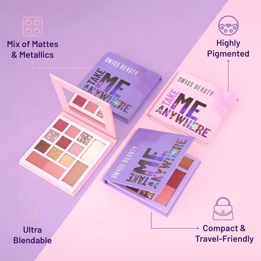 Swiss Beauty Take Me Anywhere Face and Eye Palette | 9 Eyeshadow shades, 2 blushers, 1Contour, 1 Highlighter | Highly pigmented, Blendable Mattes and Metallic shades | Shade- Travel Time, 12g