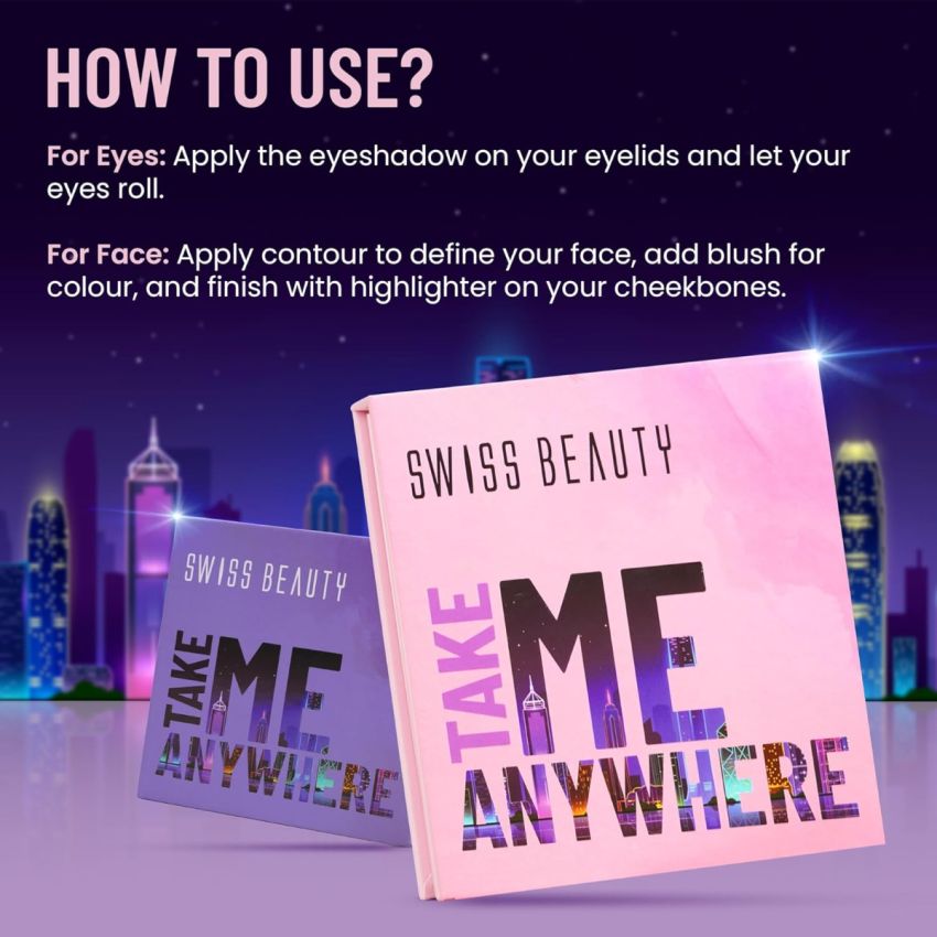 Swiss Beauty Take Me Anywhere Face and Eye Palette | 9 Eyeshadow shades, 2 blushers, 1Contour, 1 Highlighter | Highly pigmented, Blendable Mattes and Metallic shades | Shade- Day Off, 12g