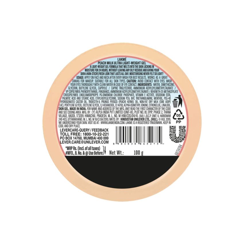 Lakme Peach Milk, Ultra Light Gel Moisturizer, 150g, for Soft and Supple Skin, with Vitamin E & Peach Milk Extract, 24Hr Moisture Lock, Non-Oily, Non-Sticky Face Cream