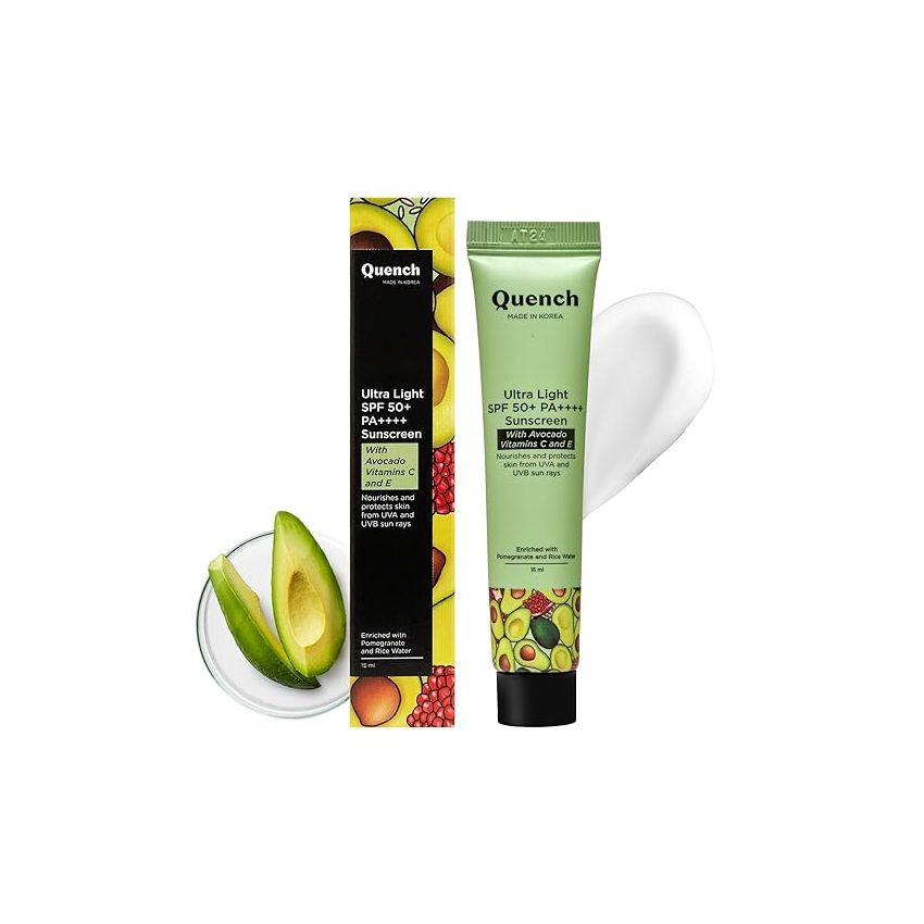 Quench Vitamin E Ultra Light SPF 50+ PA++++ Sunscreen for Glowing Skin | Non-Greasy and Non-Sticky | No White Cast | UVA & UVB Protection | Made in Korea | For Women & Men (MINI - 15ml)