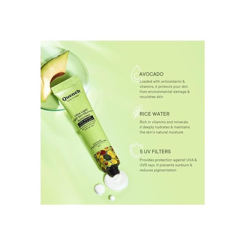 Quench Vitamin E Ultra Light SPF 50+ PA++++ Sunscreen for Glowing Skin | Non-Greasy and Non-Sticky | No White Cast | UVA & UVB Protection | Made in Korea | For Women & Men (MINI - 15ml)