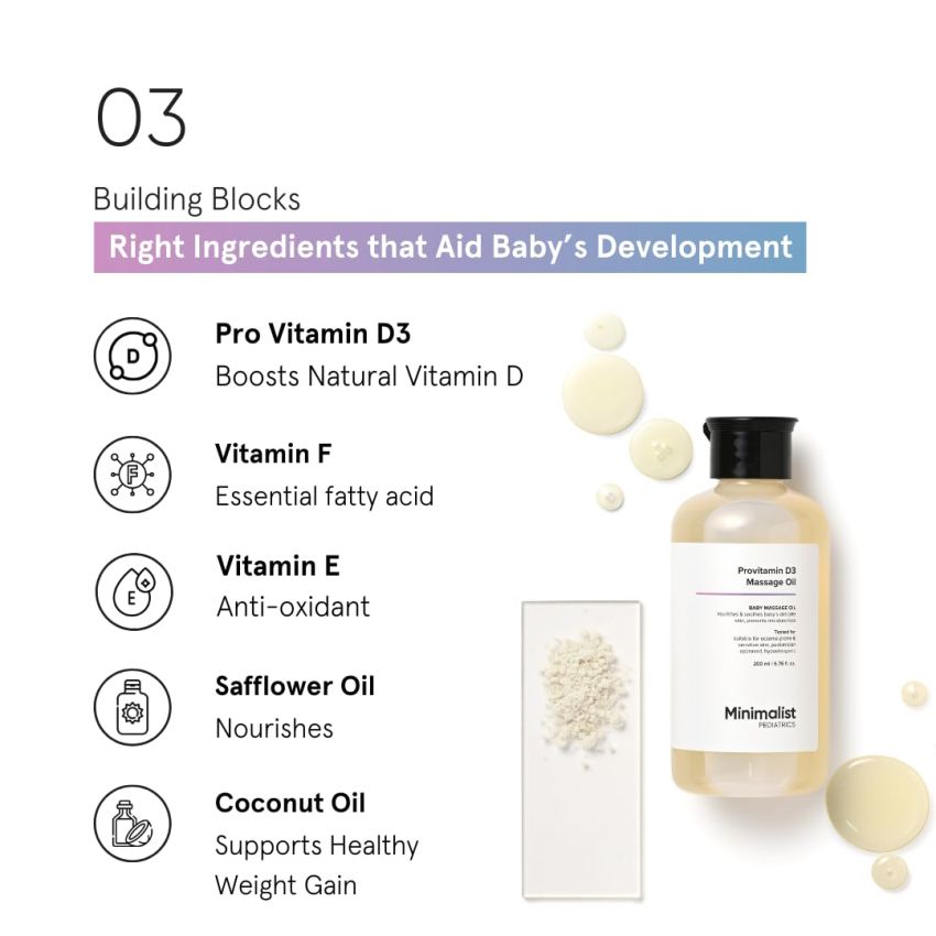 Minimalist Baby Massage Oil with Provitamin D3 | Fragance Free, Mineral Oil Free & Pediatrician Approved Baby Oil For Sensitive Skin | A Blend Of Coconut, Sunflower, Almond & Safflower Oil | 200ml
