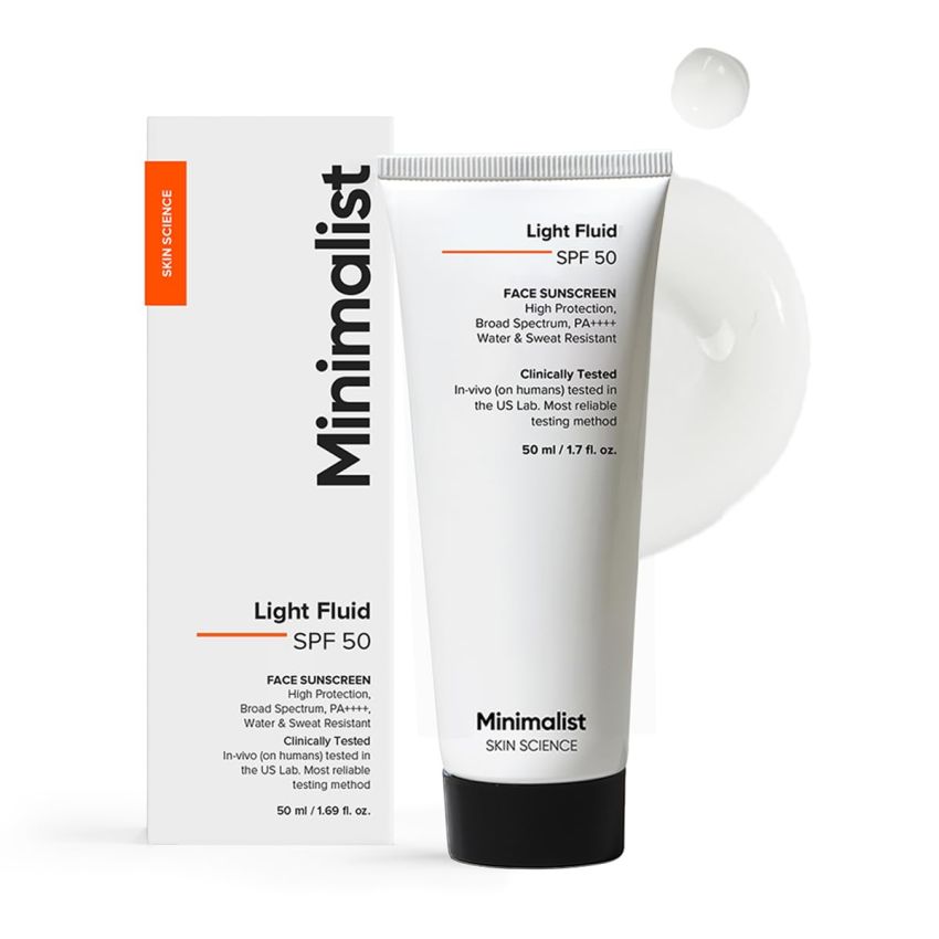 Minimalist Light Fluid Sunscreen SPF 50 for Oily Skin (PA++++) | Clinically Tested in US| No White Cast | Broad Spectrum | Lightweight, Water & Sweat Resistant | For Women & Men | 50ml
