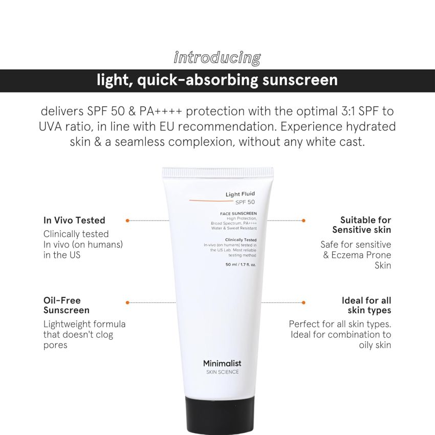 Minimalist Light Fluid Sunscreen SPF 50 for Oily Skin (PA++++) | Clinically Tested in US| No White Cast | Broad Spectrum | Lightweight, Water & Sweat Resistant | For Women & Men | 50ml

