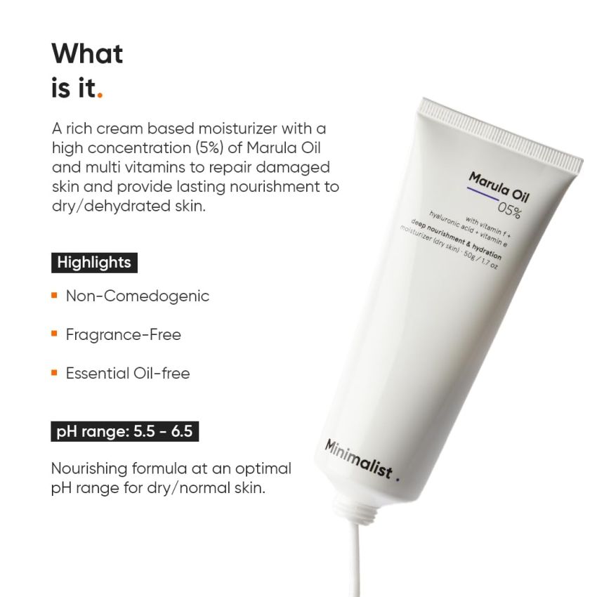 Minimalist Marula Oil 5% Face Moisturizer For Dry Skin With Hyaluronic Acid For Deep Nourishment & Hydration, For Men & Women
