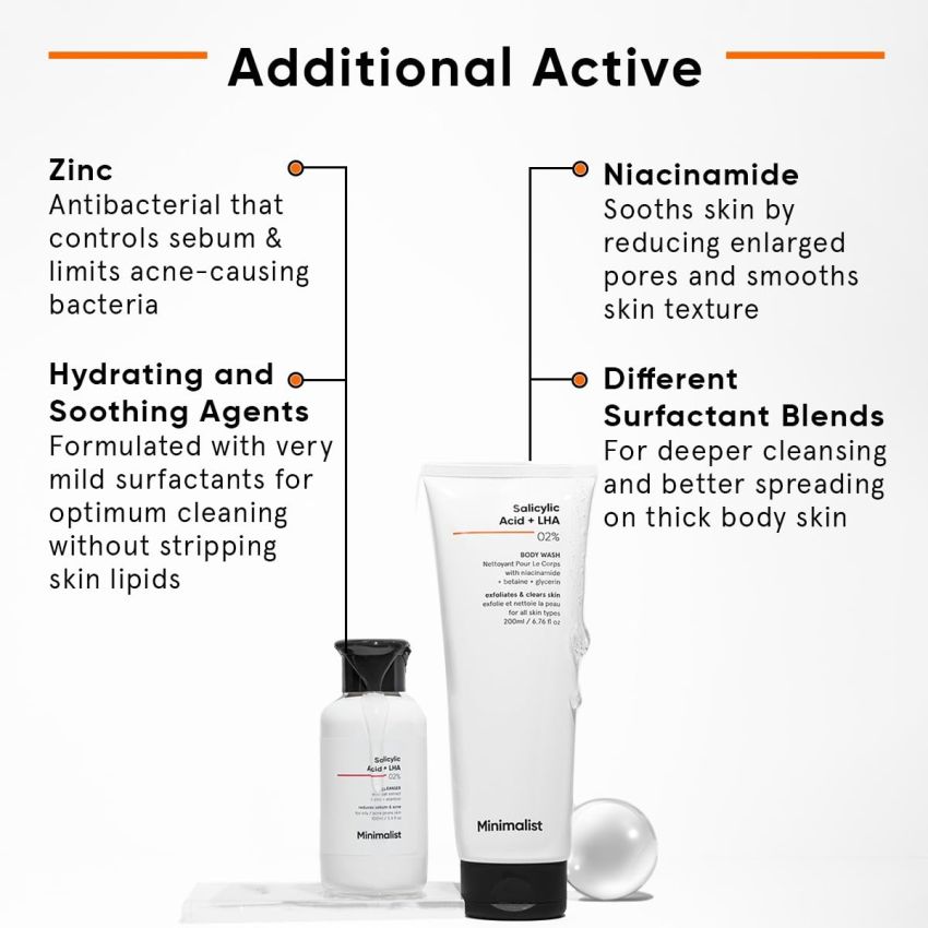Minimalist Salicylic Acid Face Wash and Body Wash Combo | Anti Acne Cleanser + Shower Gel | For Oily, Acne-Prone Skin | Sulphate (SLS), Dye, & Fragrance Free | For Women & Men
