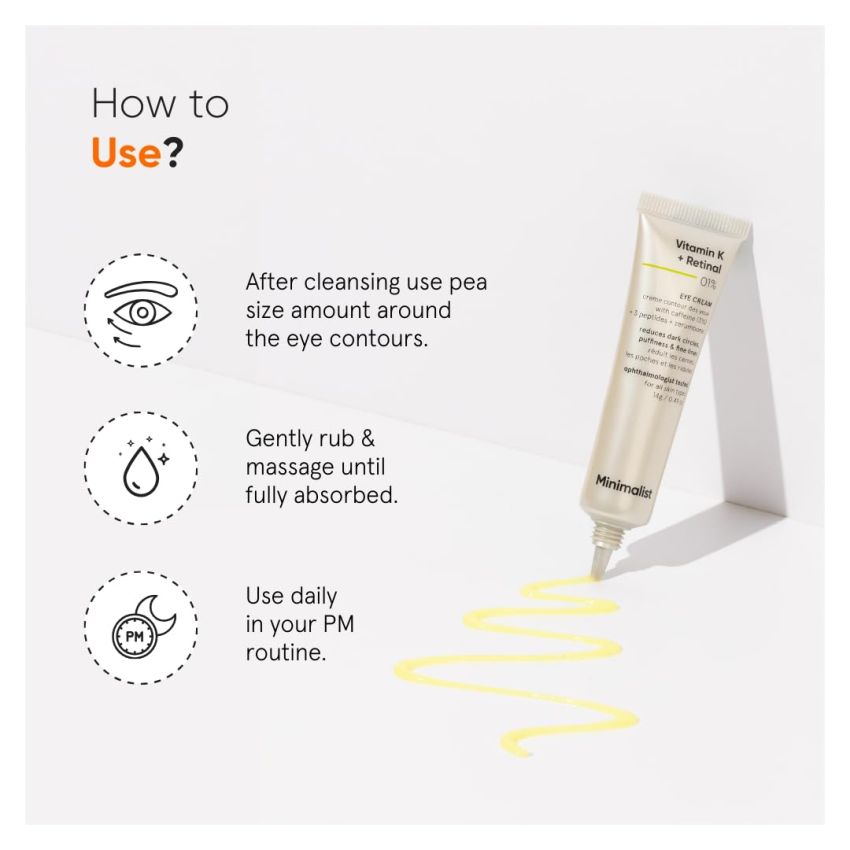 Minimalist Vitamin K + Retinal 01% Under Eye Cream | Reduces Dark Circles, Wrinkles & Fine Lines | With Caffeine for Puffiness | For Women & Men | 14 gm
