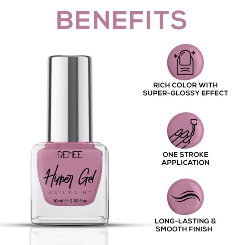 RENEE Hyper Gel Nail Paint- Misty Rose 10ml | Quick Drying, Glossy Finish, Long Lasting, Chip resisting Formula with High Shine Polish | Acetone & Paraben Free
